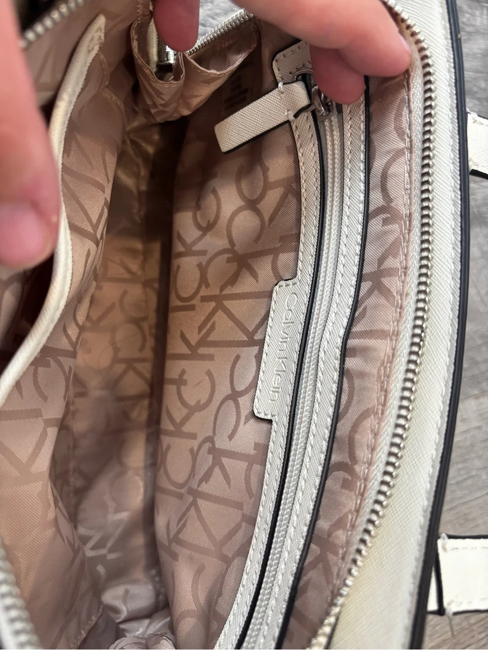 Calvin Klein Cream and Brown Logo-Print Satchel